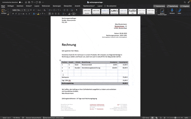 Rechnungsvorlage Ausfüllen
